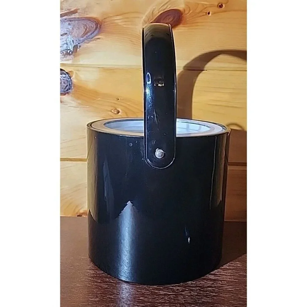 Georges Briard Black Faux Leather Ice Bucket Vintage 1960’s Lucite Lid U.S.A.